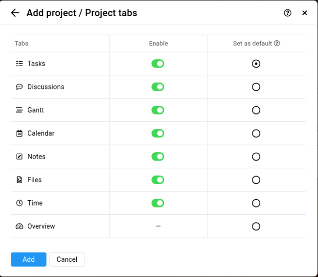 Choose project tabs