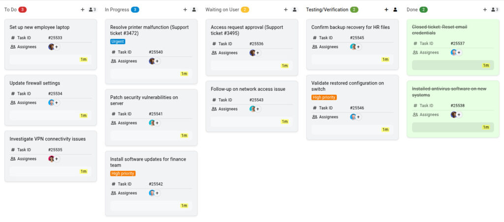 A Kanban board representing an IT team’s workflow