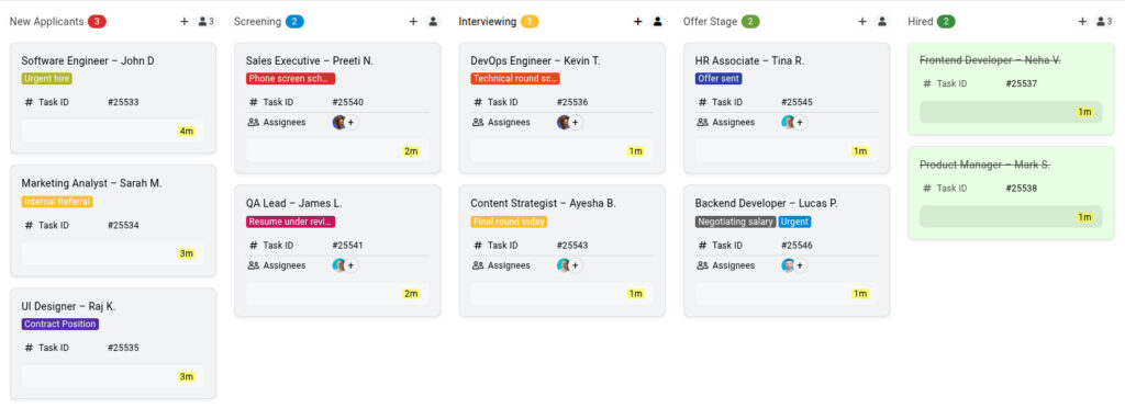 HR recruitment workflow mapped on a Kanban board