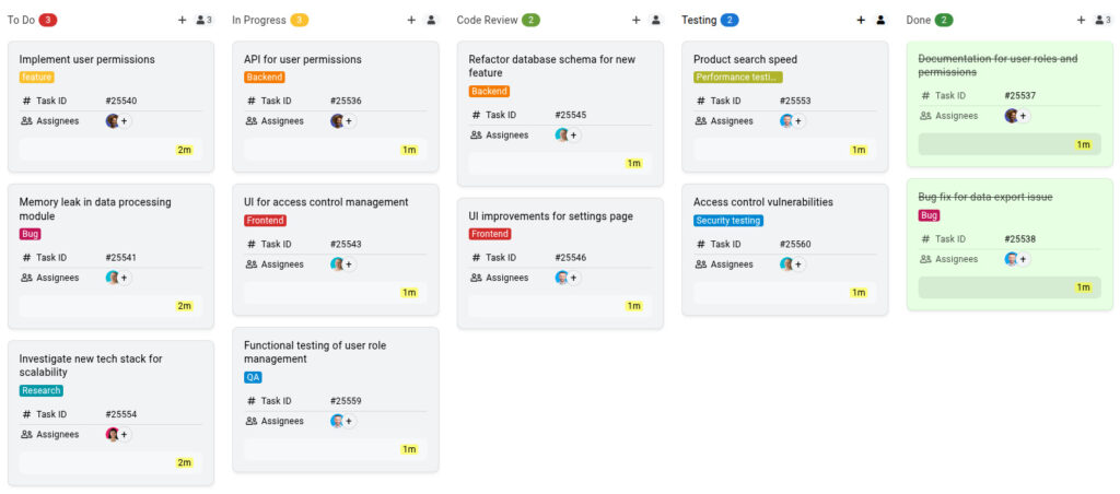 Product development workflow mapped on a Kanban board