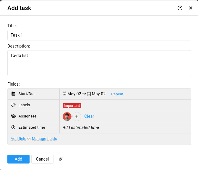 In the task window that appears, fill in the details: