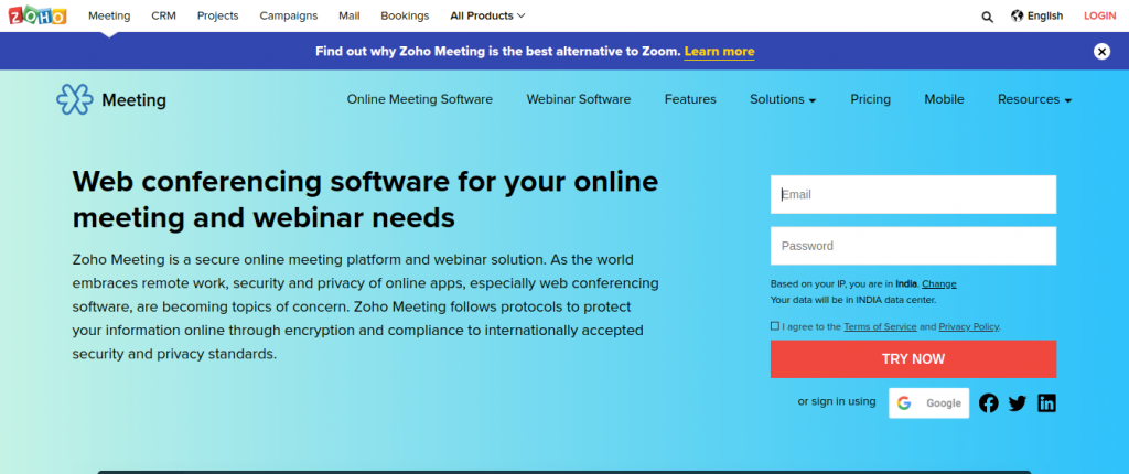 Zoho Meeting as a alternative to zoom