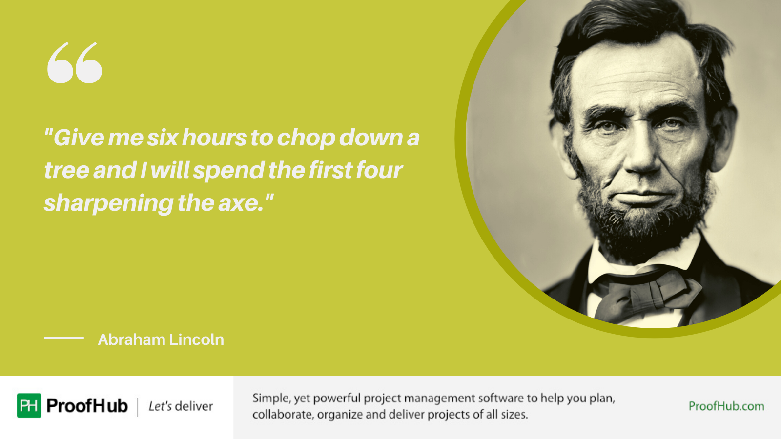 Give me six hours to chop down a tree and I will spend the first four sharpening the axe Quote by Abraham Lincoln