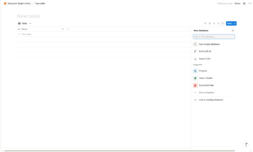 An empty database in Notion