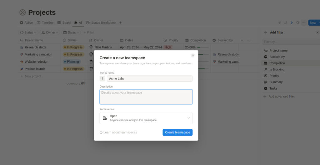 Creating a new teamspace in Notion