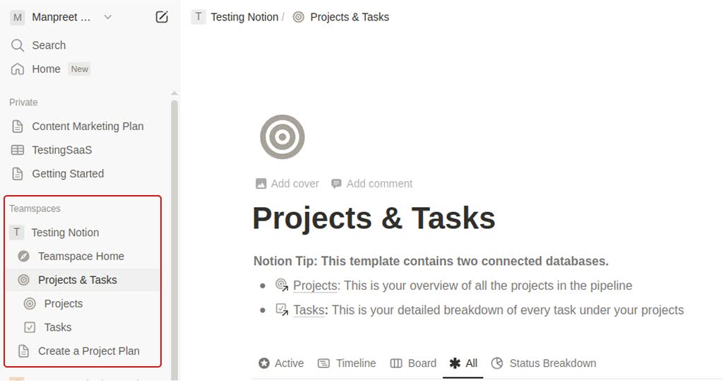 Notion Teamspace and hierarchy