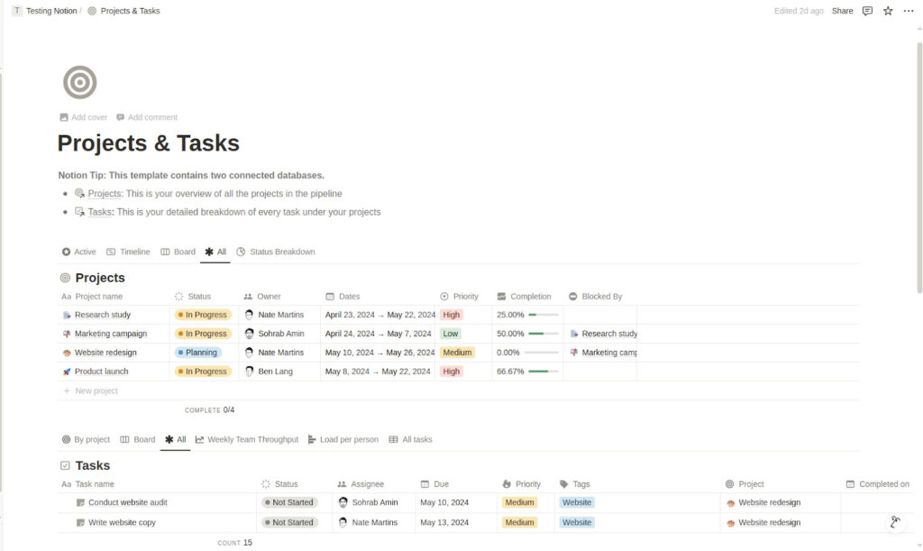 Project & Tasks template in Notion