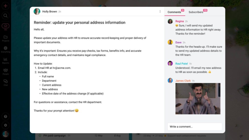 What’s the easiest way to share updates with the entire team in ProofHub?