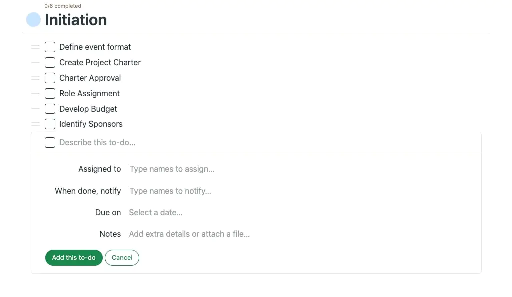 to-do lists in Basecamp with all the tasks grouped under one heading