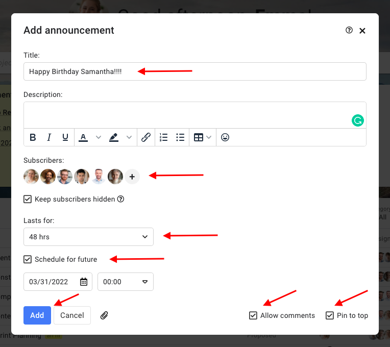 Boost employee engagement with company-wide announcements in ProofHub