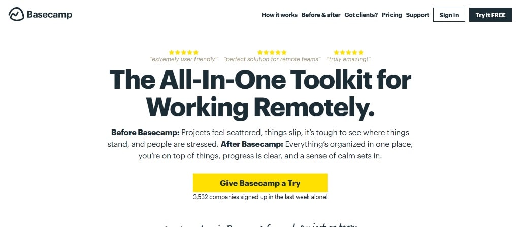 Basecamp – Best for remote team collaboration and alternative for clickup