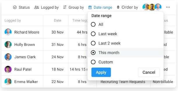 Filter out data as per status, logged by, and date range with in-built advanced filter option in ProofHub