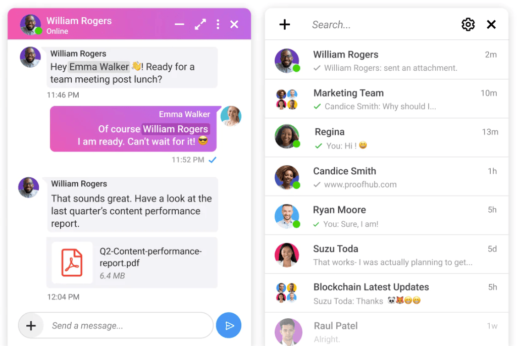Share information, files, and everything important with the team through ProofHub in-built chat