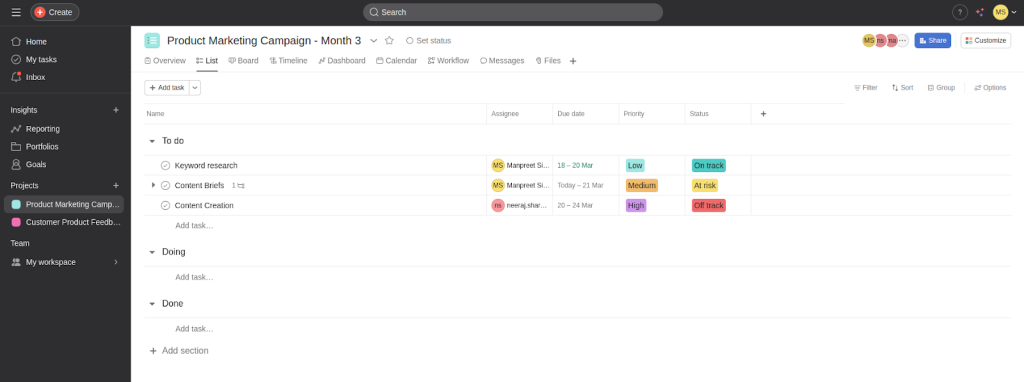 Asana dashboard