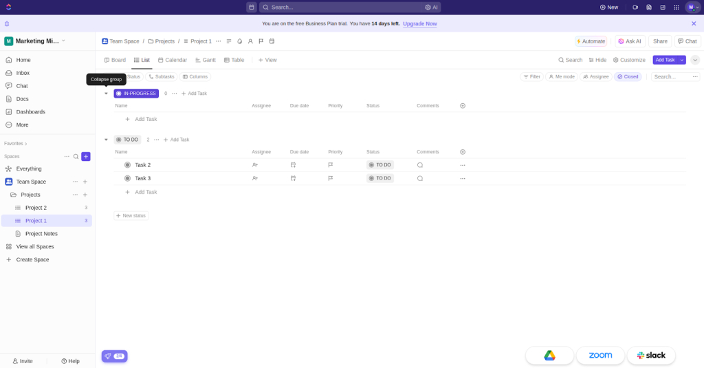 ClickUp dashboard