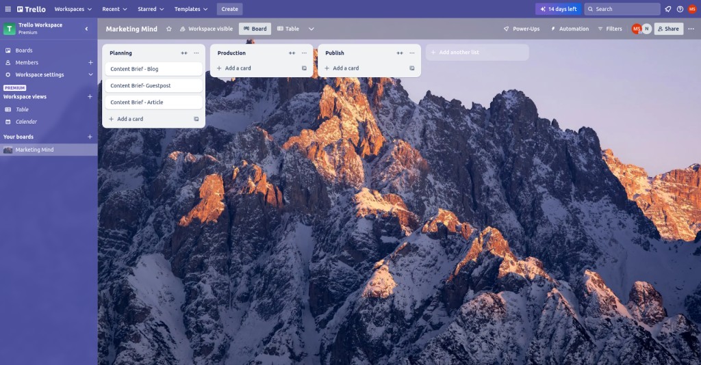 Trello dashboard