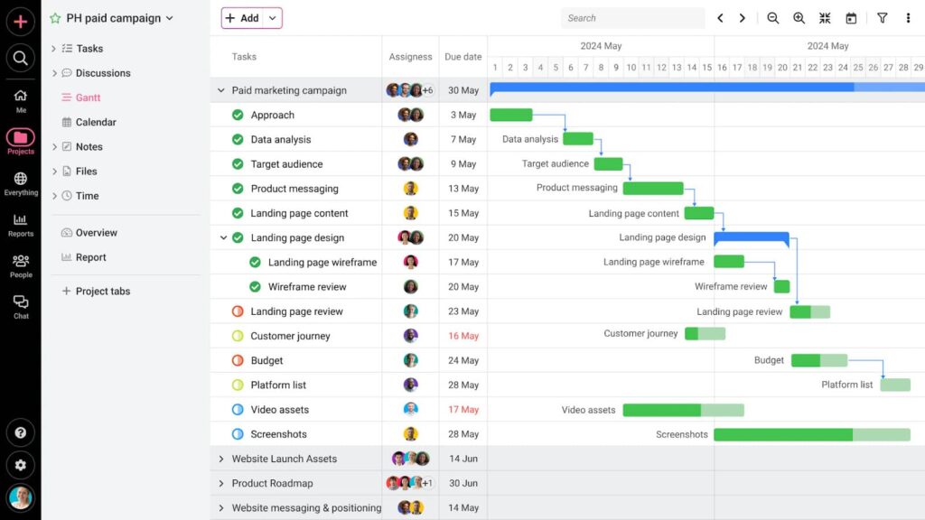 Plan tasks, visualize them in Gantt charts, create task dependencies, track progress, and adjust schedules as priorities shift.