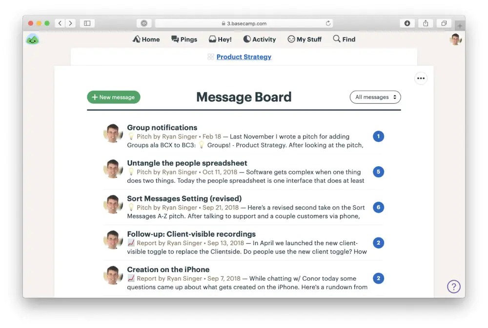 message board in Basecamp showing topic-related conversations