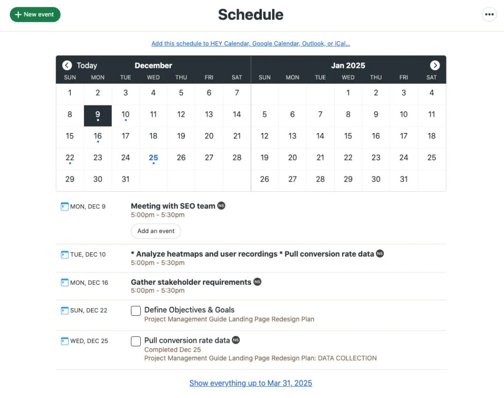 Scheduling tool in Basecamp showing marked calendar and list of upcoming events and tasks
