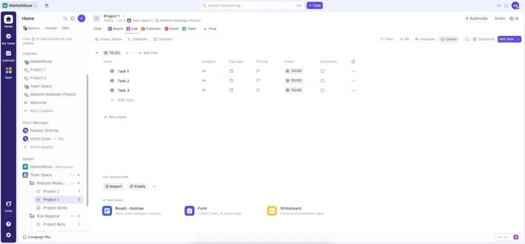 Clickup dashboard