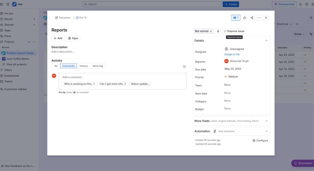 Jira issues for task management