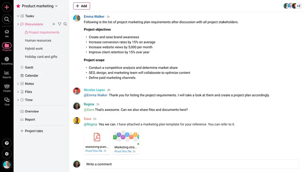 discussion board in project in ProofHub showing threaded conversation between team members, project manager, and client