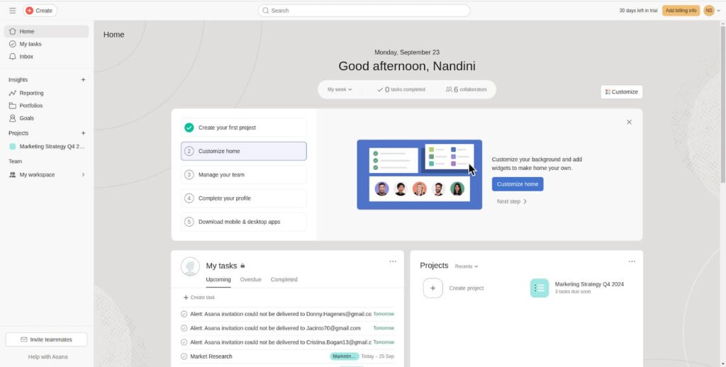 Asana dashboard