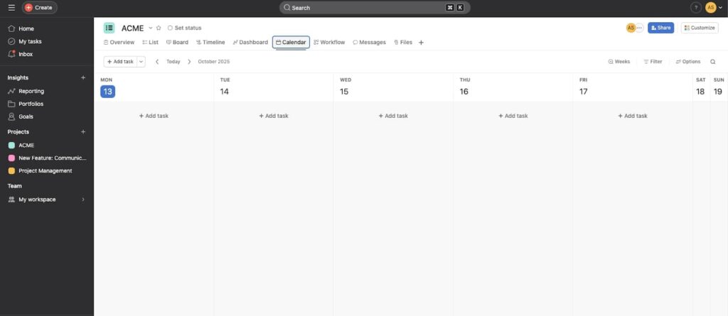 Asana Calendar view