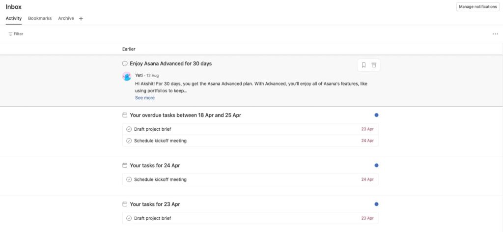 Asana Inbox notifications