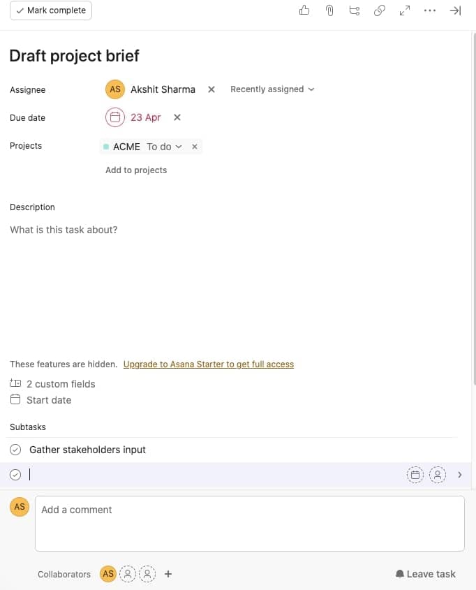 Asana Task comments & mentions