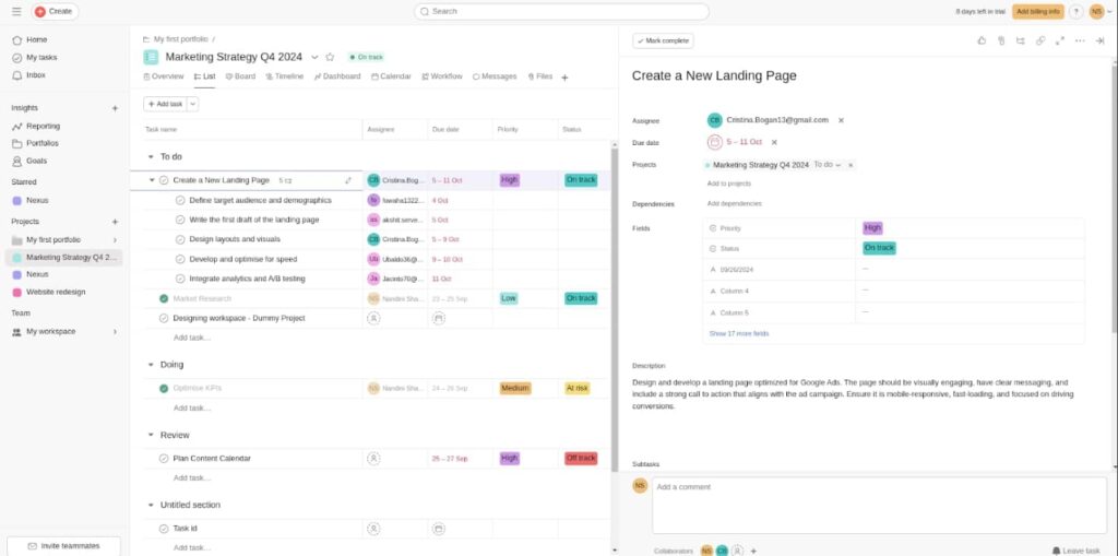 Asana Tasks and subtasks
