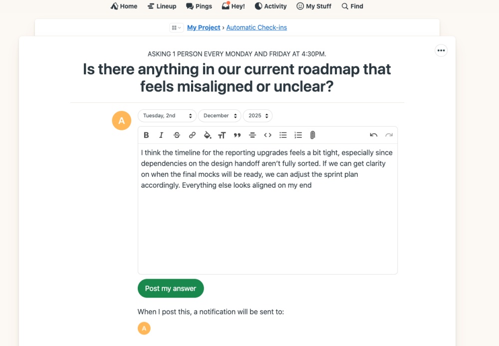 Automatic Check-ins in Basecamp to set a recurring question to know about project health