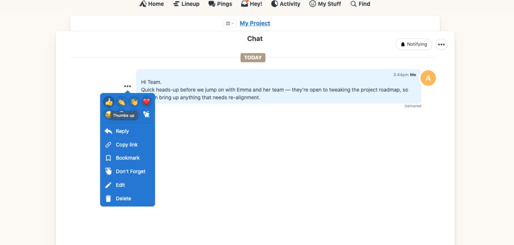 Chat tool in Basecamp with an action pop-up