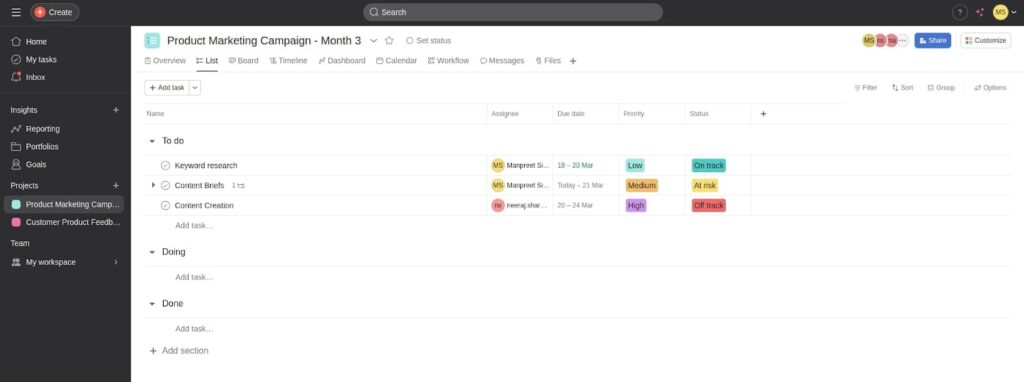 Asana dashboard