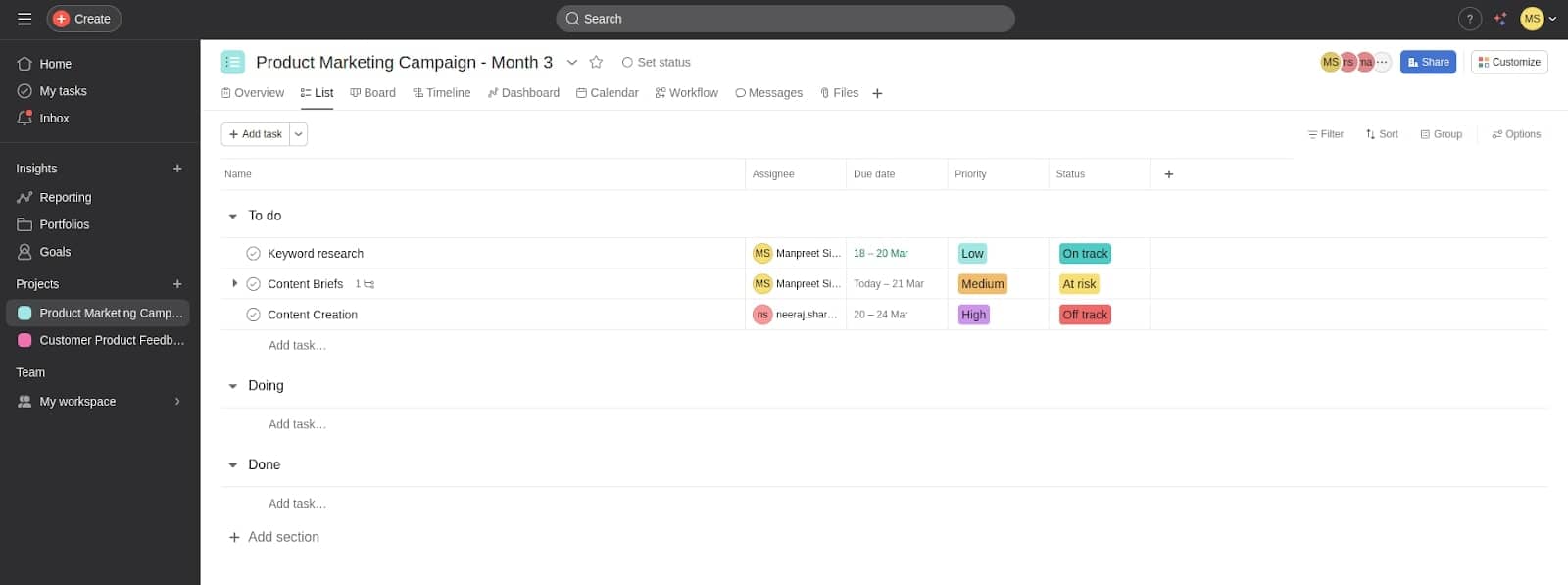 Asana dashboard