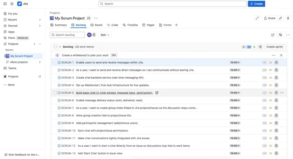 Backlog view Jira