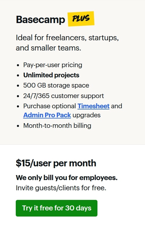 Basecamp Plus Pricing Plan