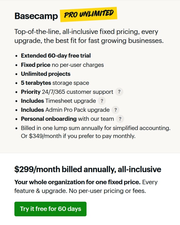 Basecamp pro Unlimited Pricing plan