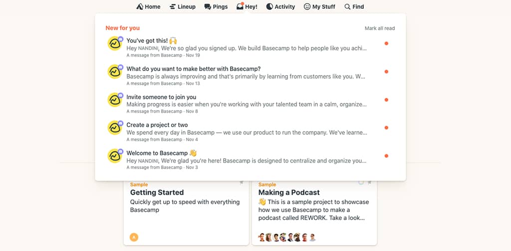 Screenshot of “Hey” notifications in Basecamp home screen