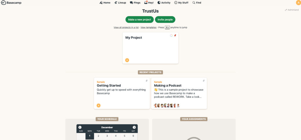 Screenshot of Home screen interface of Basecamp