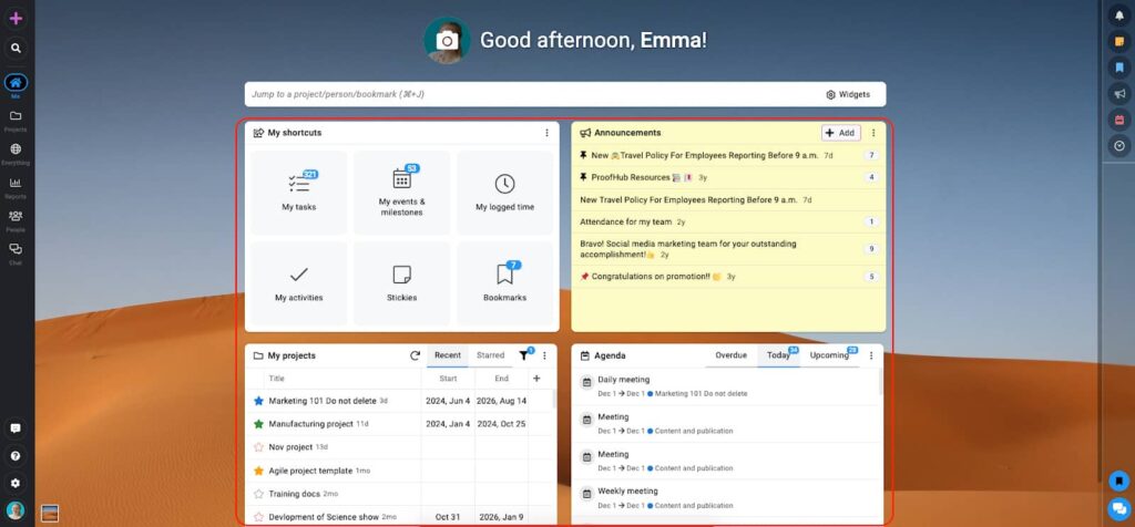 Screenshot of Me view in ProofHub