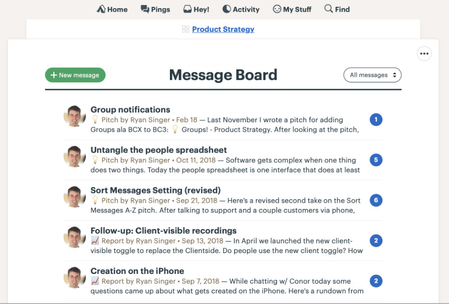 Screenshot of Message Board in Basecamp