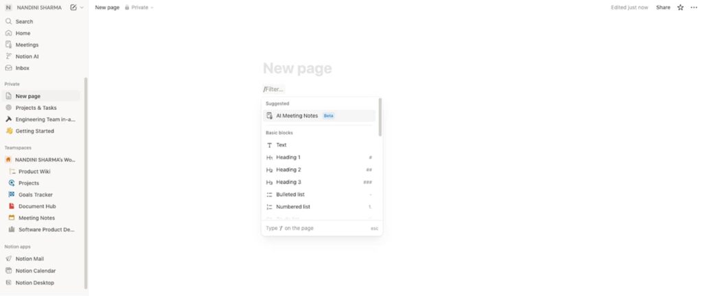 Screenshot of Notion page with slash command