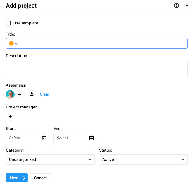 Screenshot of add new project window in ProofHub