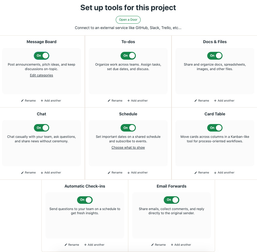 Screenshot of all the features you get to manage projects in Basecamp