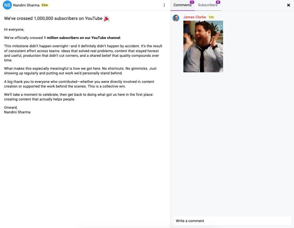 Screenshot of announcement in ProofHub