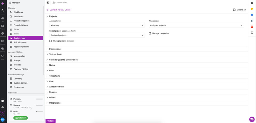 Screenshot of custom roles and access permissions in ProofHub