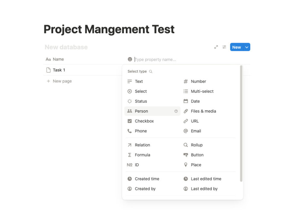 Screenshot of multiple data-types for a property in Notion