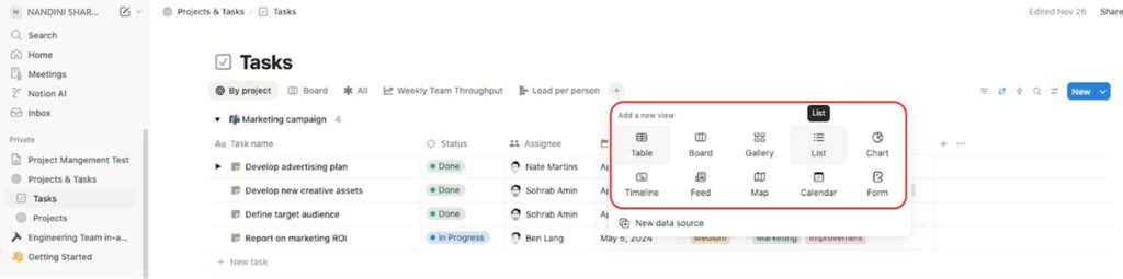 Screenshot of multiple views options for your database in Notion