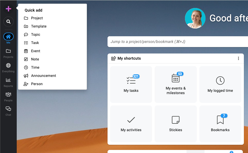 Screenshot of quick add menu of ProofHub for easy access
